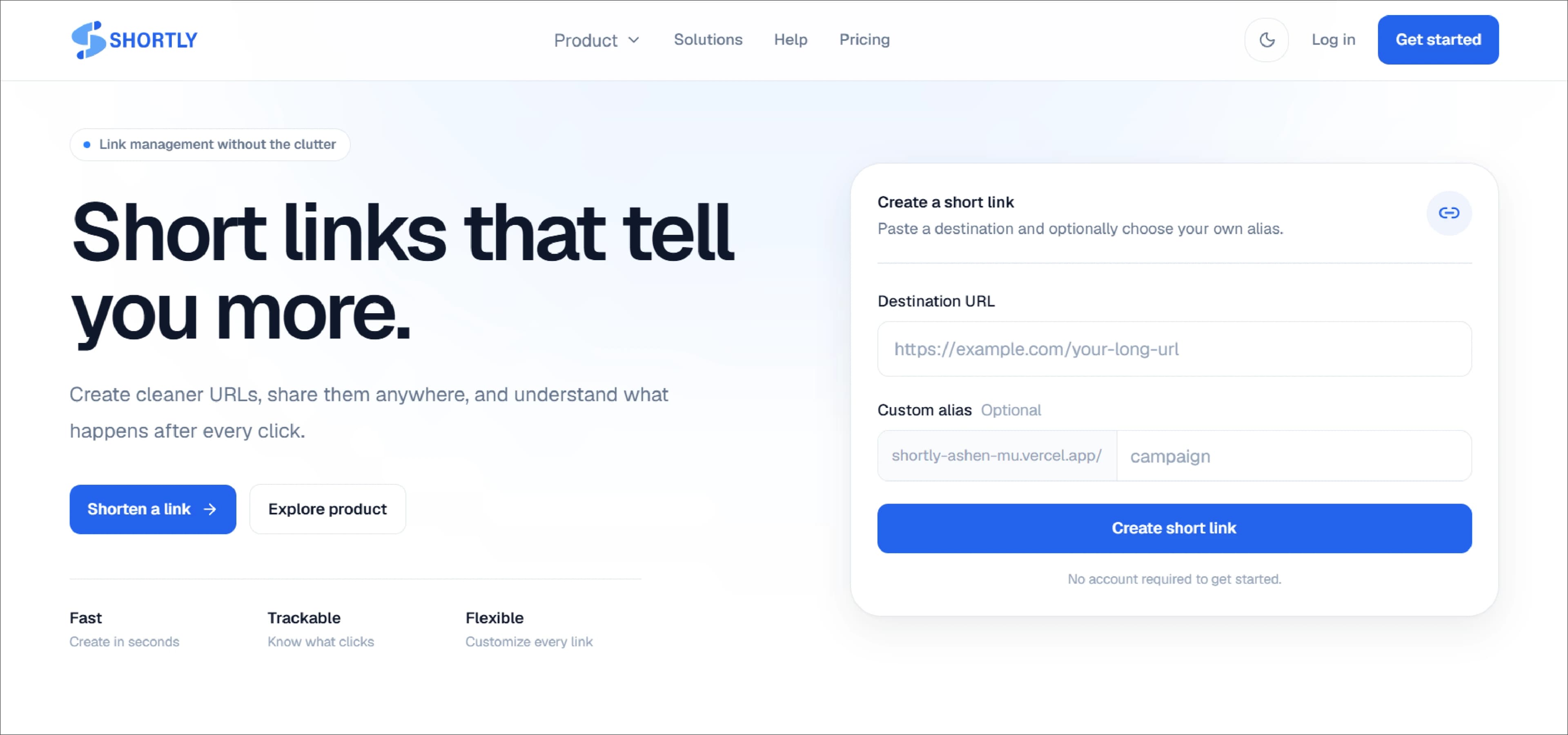 Shortly website screenshot